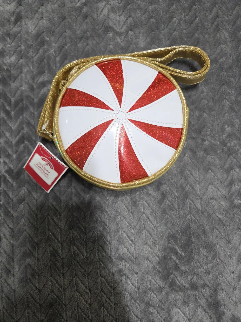 Holiday Time Red, White & Gold Peppermint Round Crossbody Bag